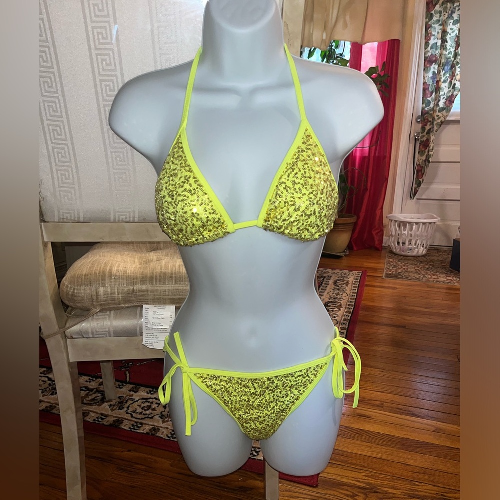 NWOT Electric Yellow Gold Sequin Gold Drawstring Triangle WMNS Bikini SZ: S Swim